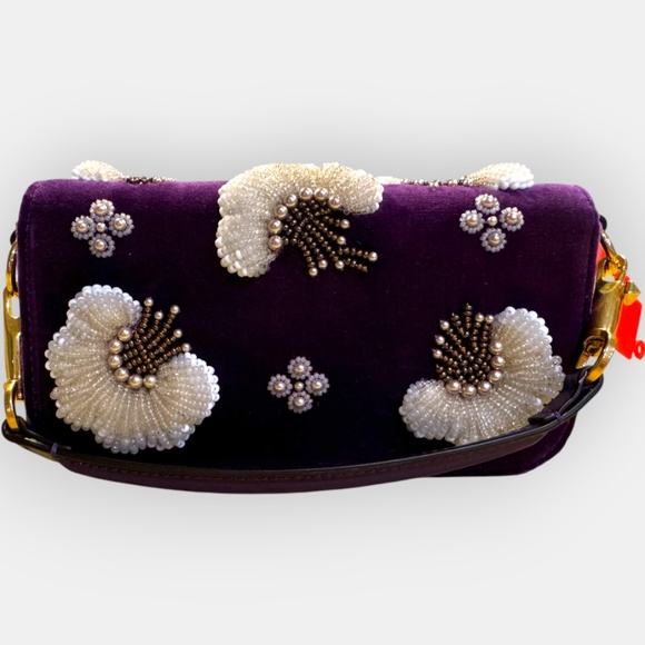 NEW Valentino Garavani Loco Small Peonies Beaded Velvet Shoulder Bag PURPLE - Picture 3 of 7